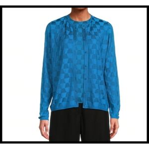 AKRIS Selde Mulberry Silk Trapezoid Button Down Cardigan Turquoise Blue 12 US